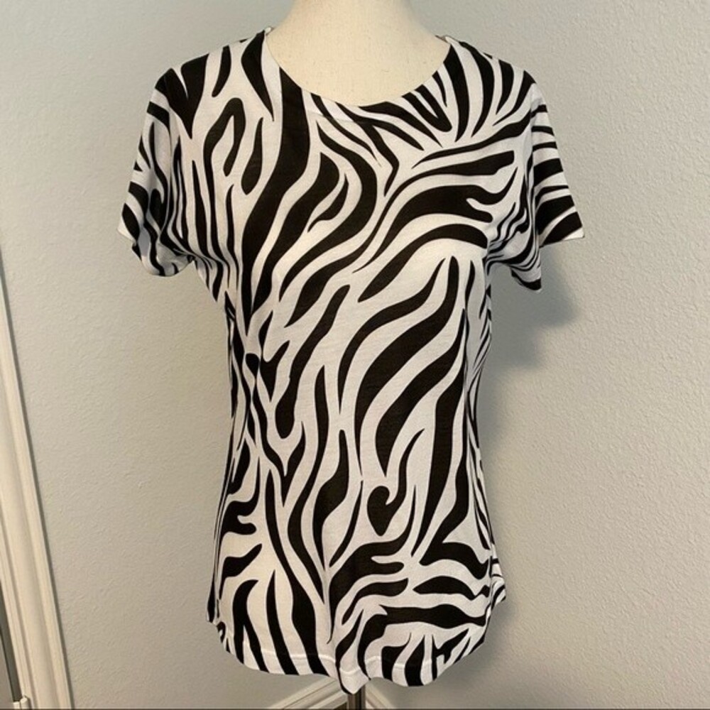 SUBLIVIE black white animal print ladies s-sleeve blouse top size M